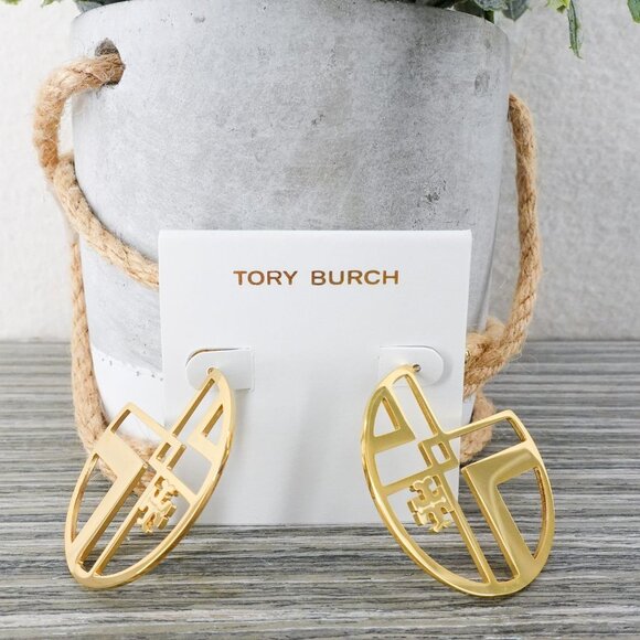 Tory Burch Chevron Cutout Hoop Earrings Gold OS - Picture 2 of 10